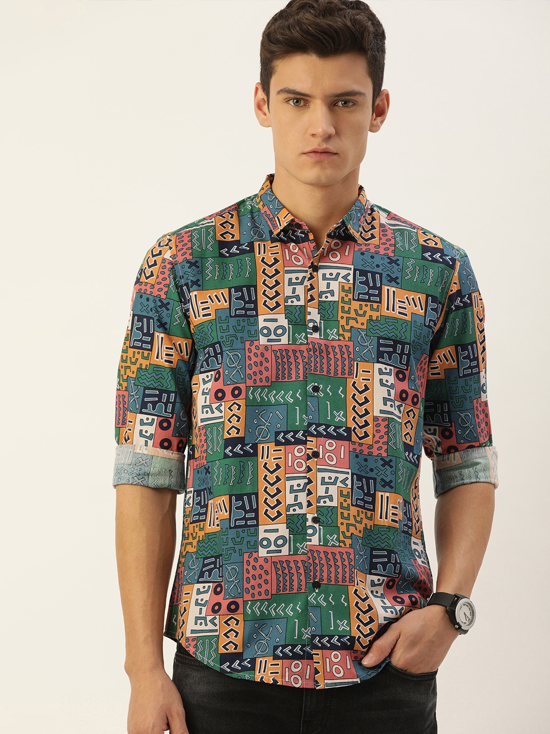 

Bene Kleed Men Green & Pink Pure Cotton Slim Fit Tribal Printed Casual Shirt