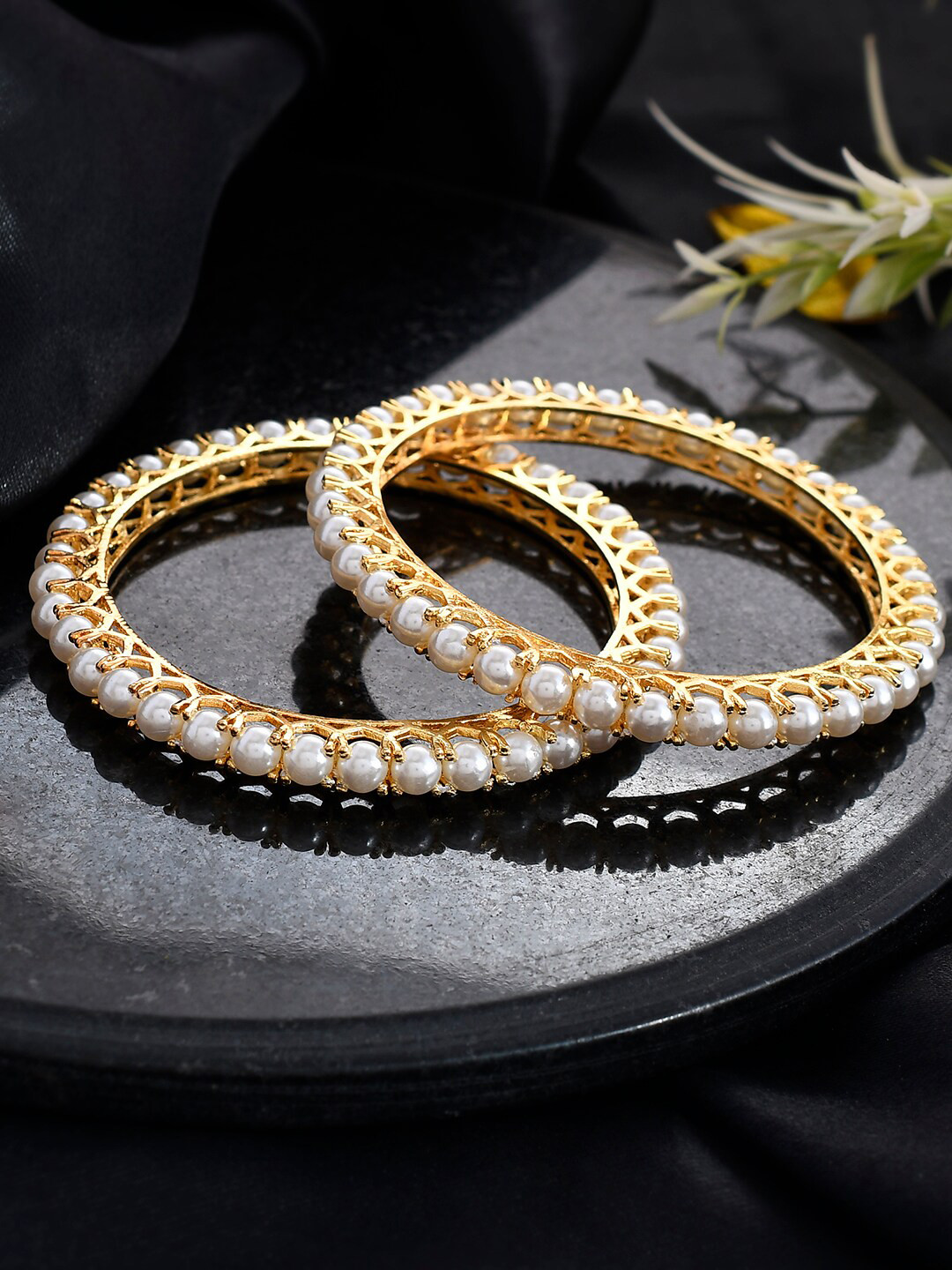 

Silvermerc Designs Set Of 2 Gold-Plated Pearl-Studded Bangles