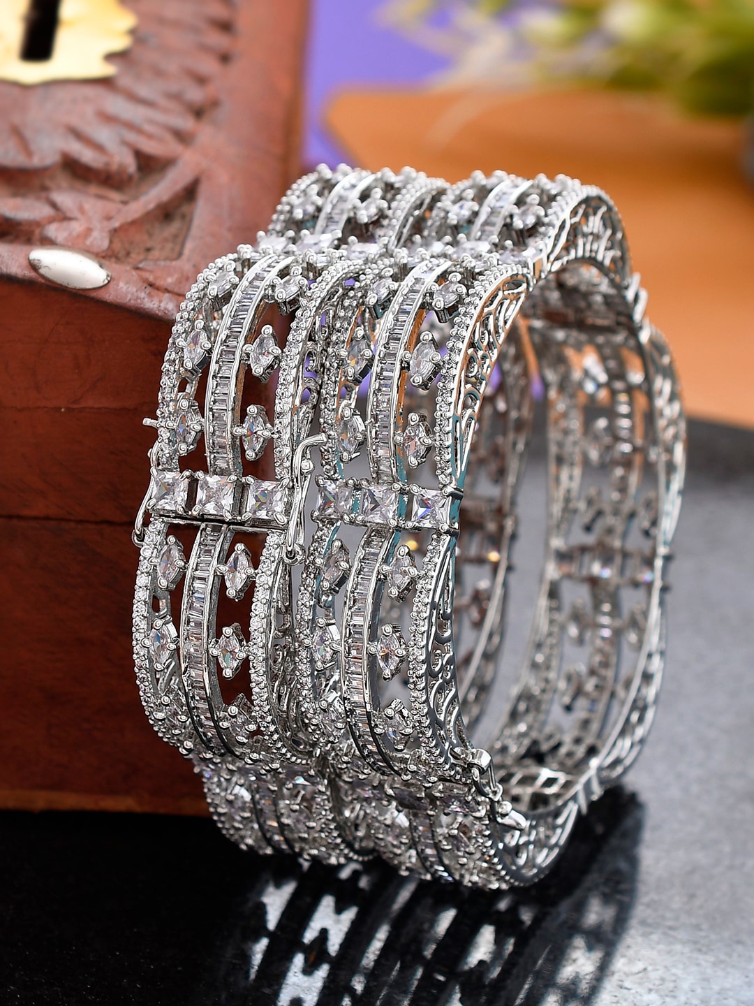 

Silvermerc Designs Set of 2 Silver-plated Silver-Toned AD-Studded Bangles