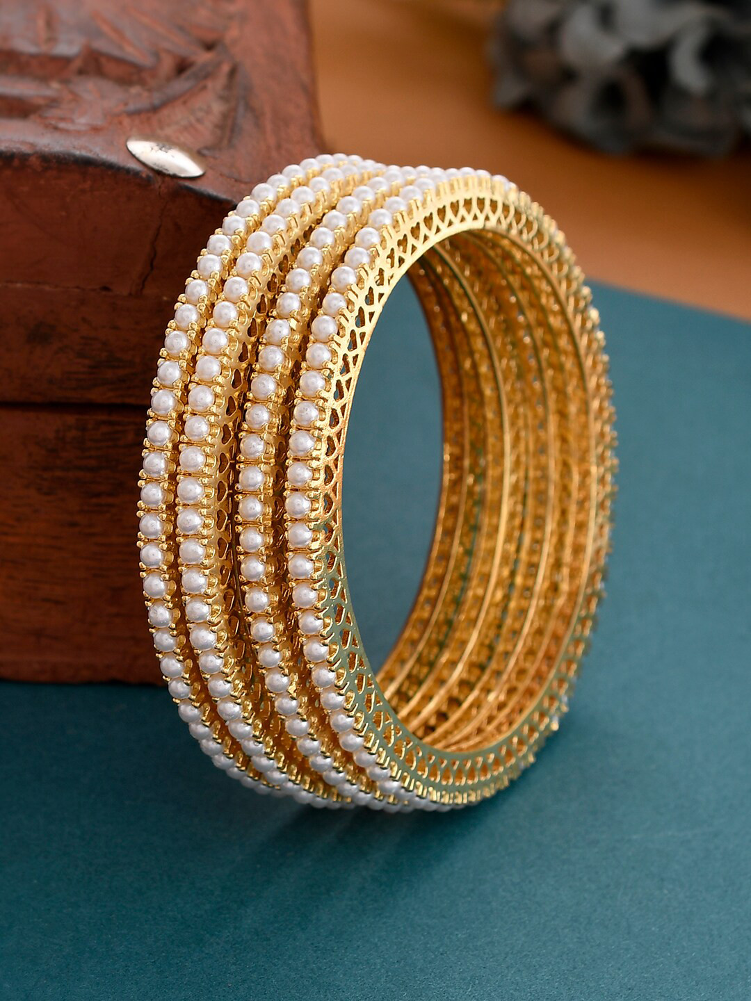 

Silvermerc Designs Set Of 4 Gold-Plated Pearl Studded Bangles