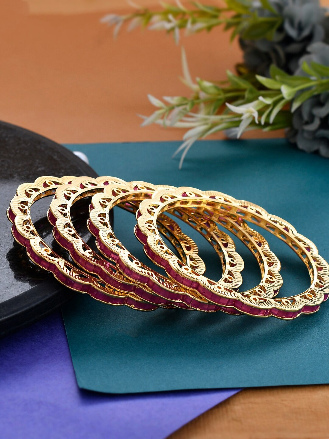 

Silvermerc Designs Set Of 4 Gold-Plated AD Studded Bangles