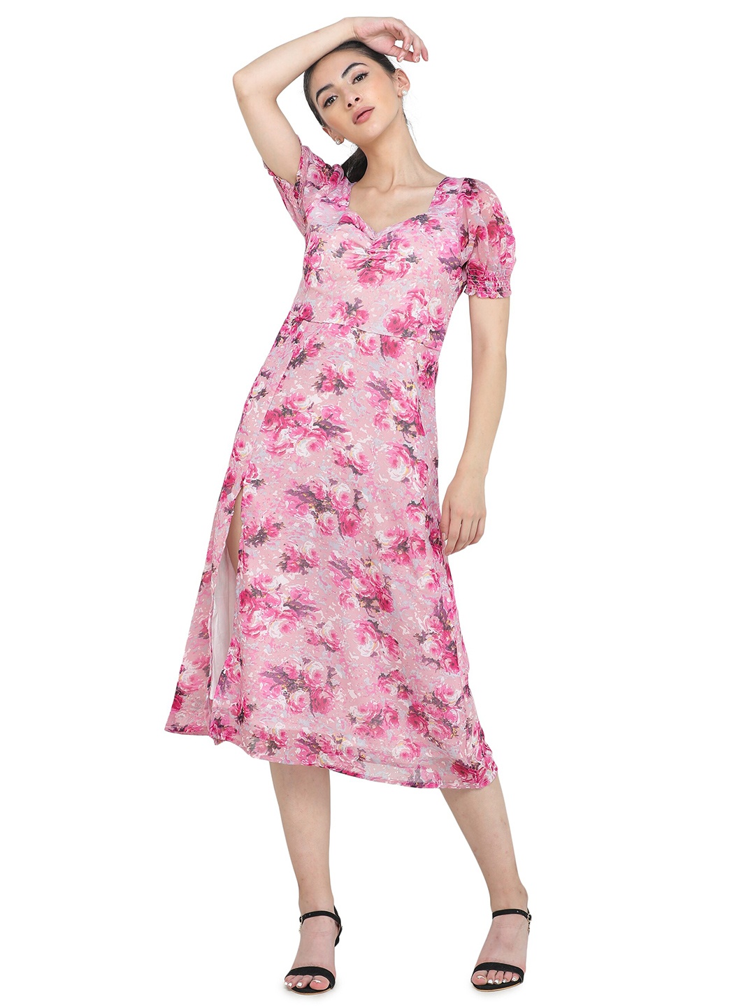 

DECHEN Women Floral Printed Georgette Puff Sleeve A-Line Midi Dress, Pink