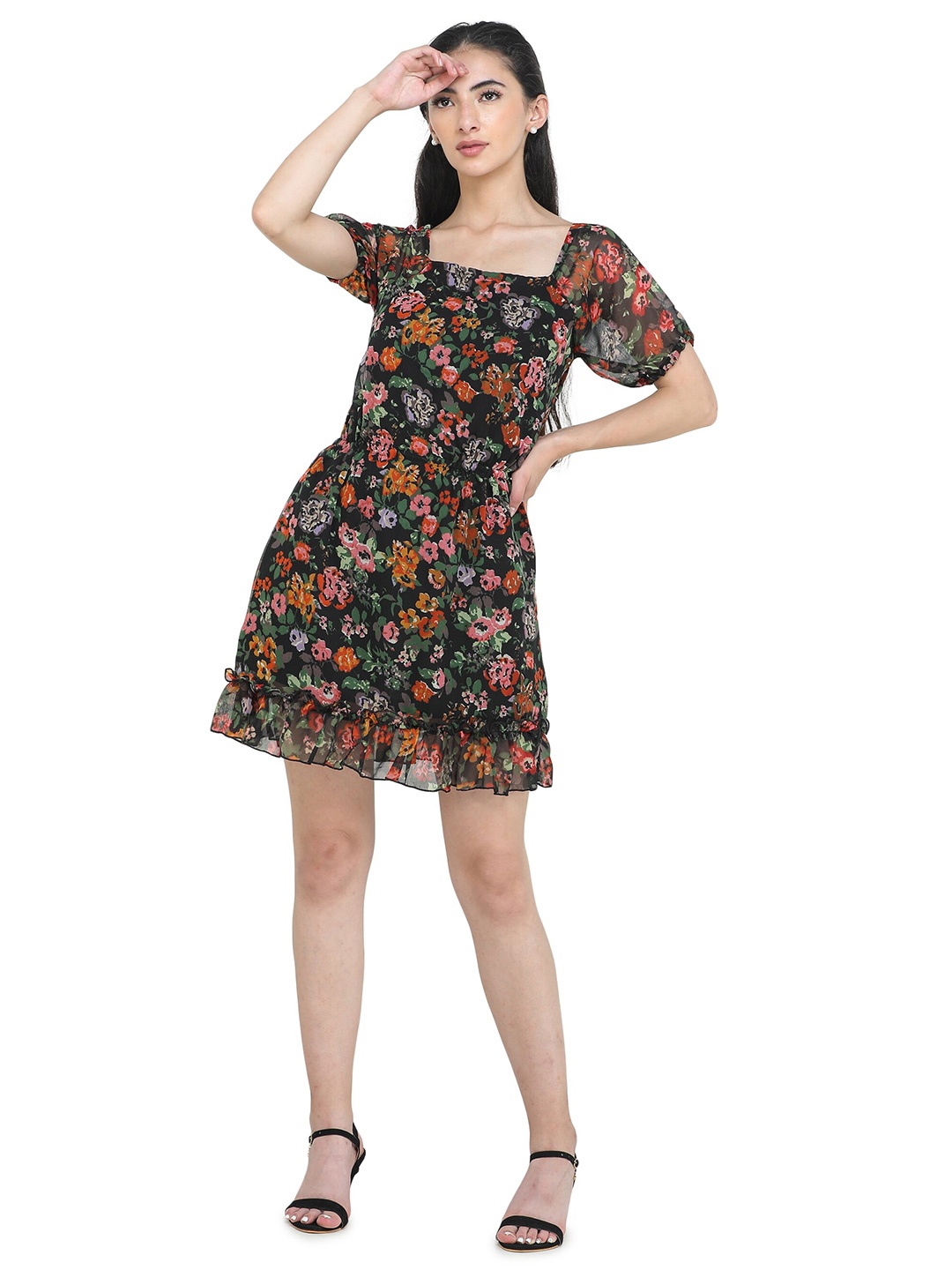 

DECHEN Women Black & Red Floral Georgette A-Line Dress