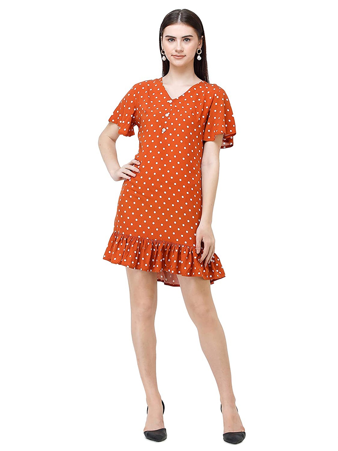 

DECHEN Women Polka Dot Printed Bodycon Ruffled Dress, Orange