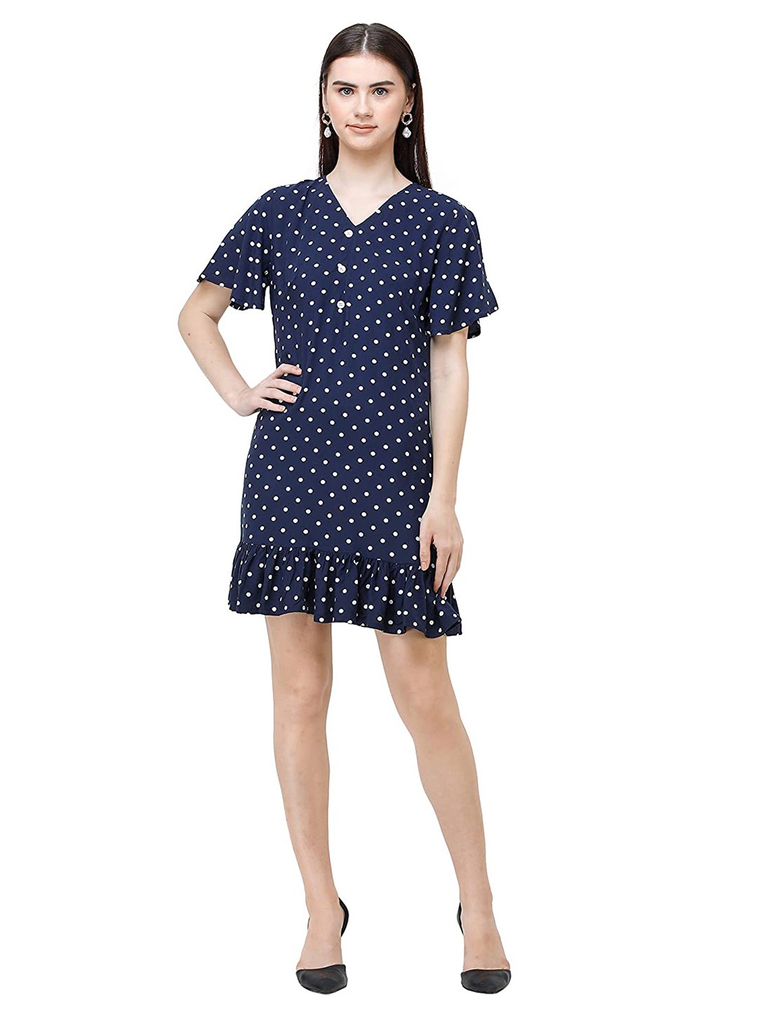 

DECHEN Women Polka Dot Printed Bodycon Ruffled Dress, Navy blue