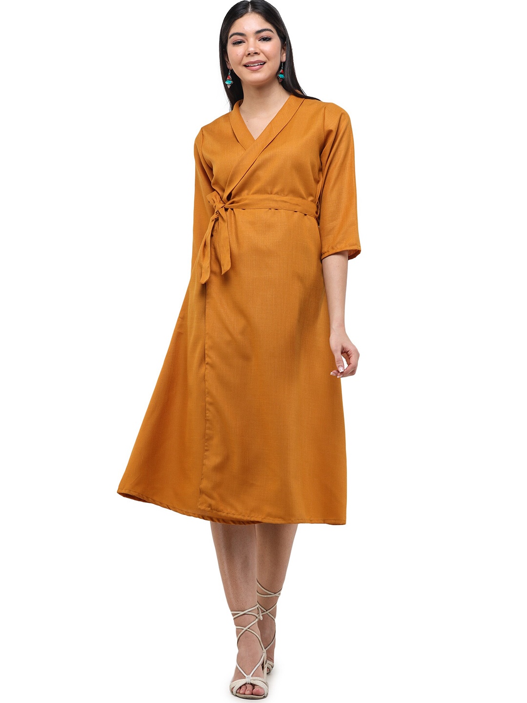 

DECHEN Women A-Line Wrap Midi Dress, Mustard