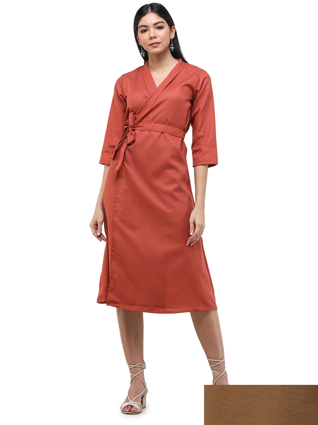 

DECHEN Women A-Line Wrap Midi Dress, Coral