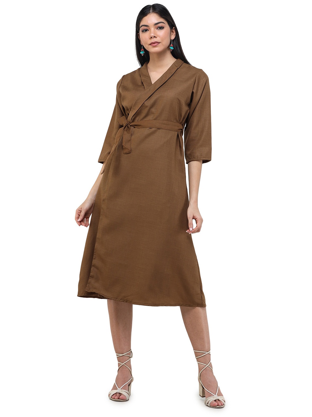 

DECHEN Women Brown A-Line Wrap Midi Dress