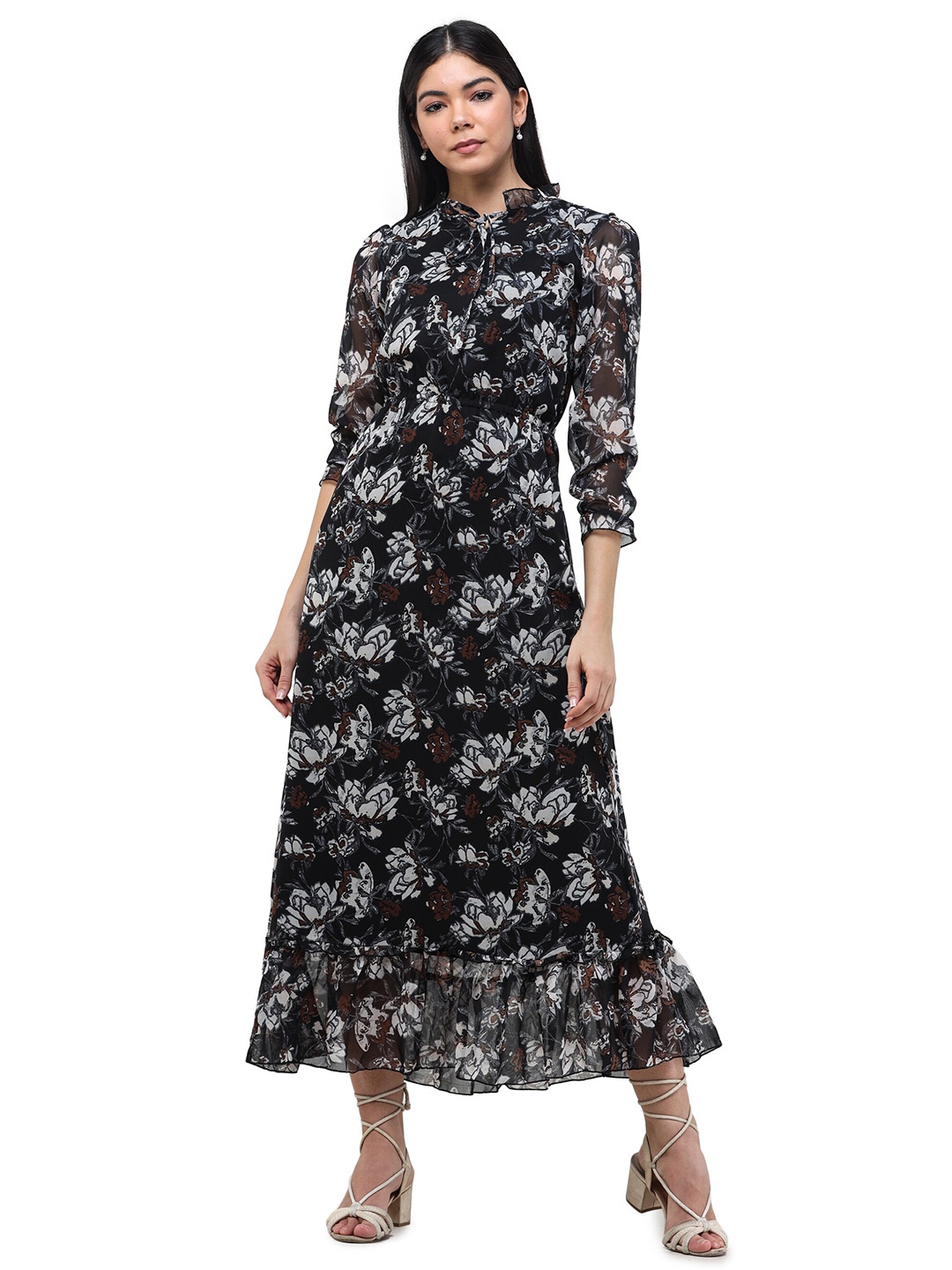 

DECHEN Women Floral A-Line Tie-Up Neck Maxi Dress, Black