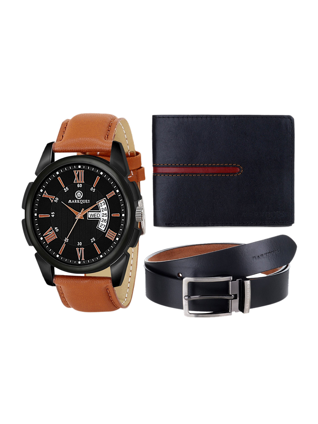 

MARKQUES Men Solid Leather Accessory Gift Set, Black
