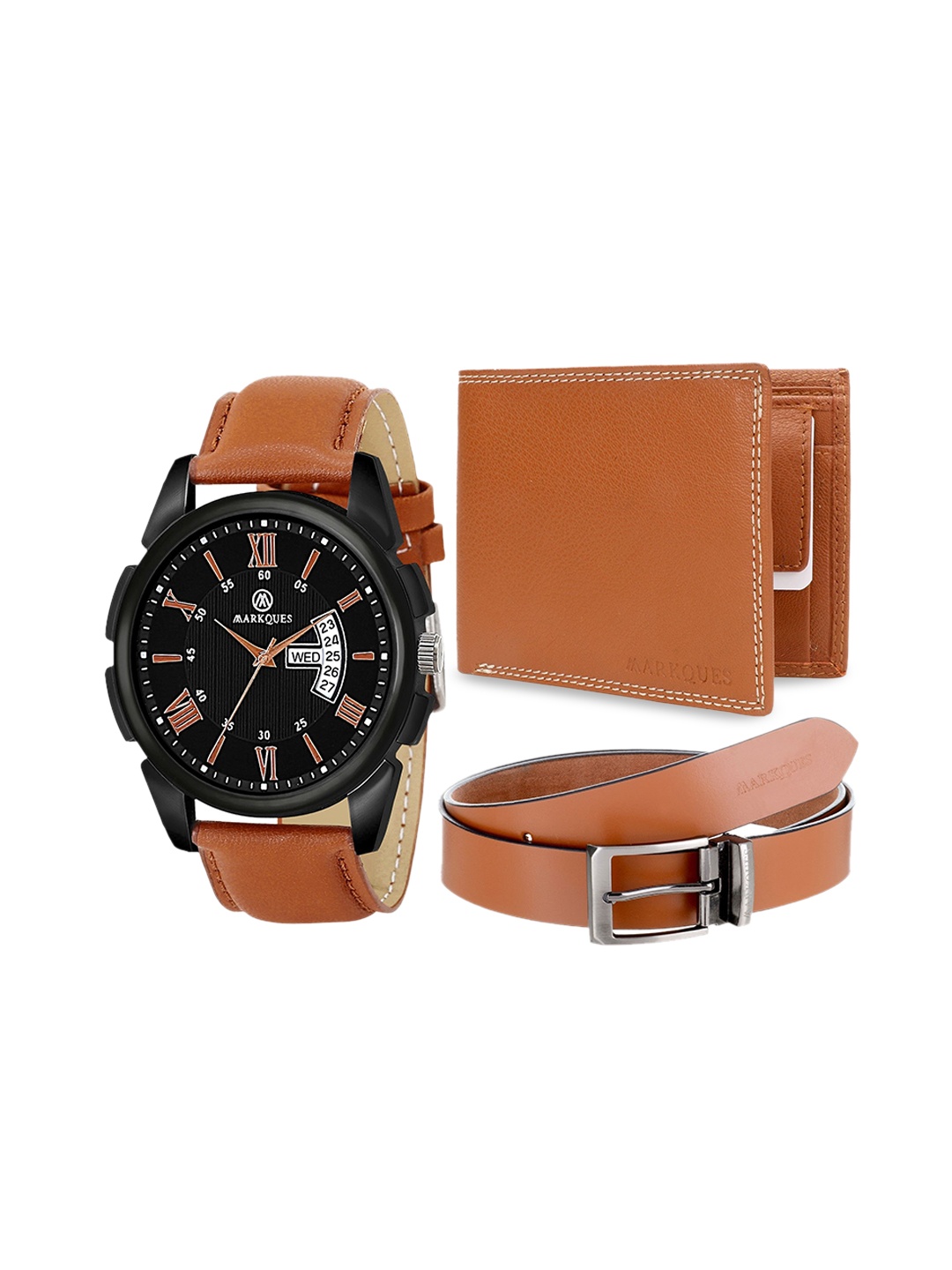 

MARKQUES Men Accessory Gift Set With Watch, Wallet & Belt, Brown