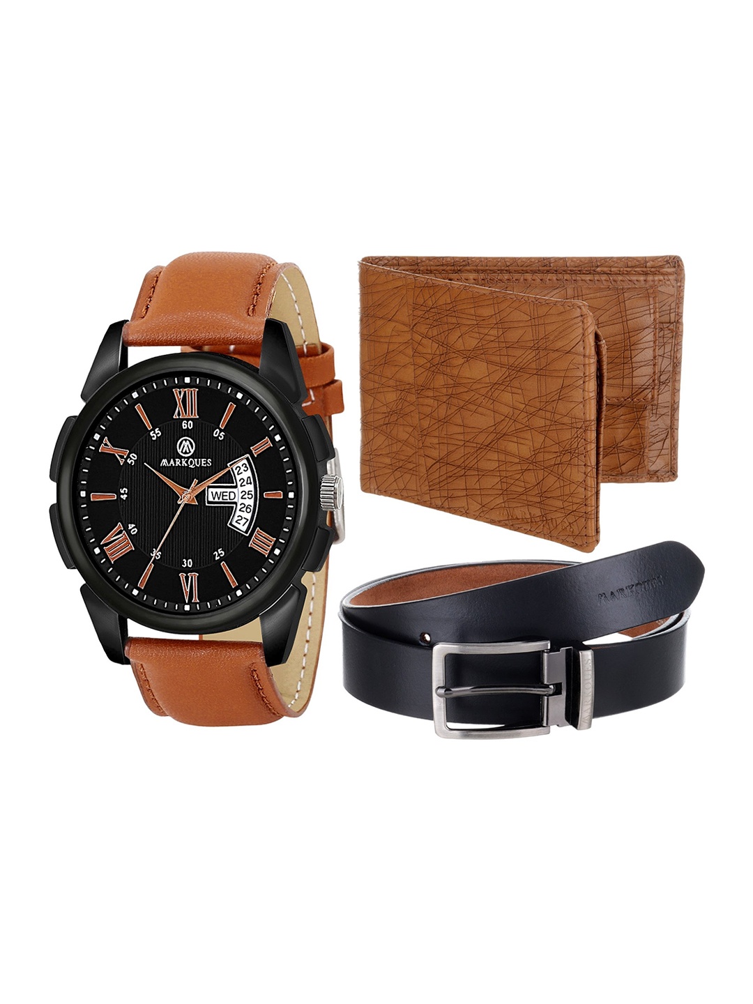 

MARKQUES Men Solid Leather Accessory Gift Set, Black