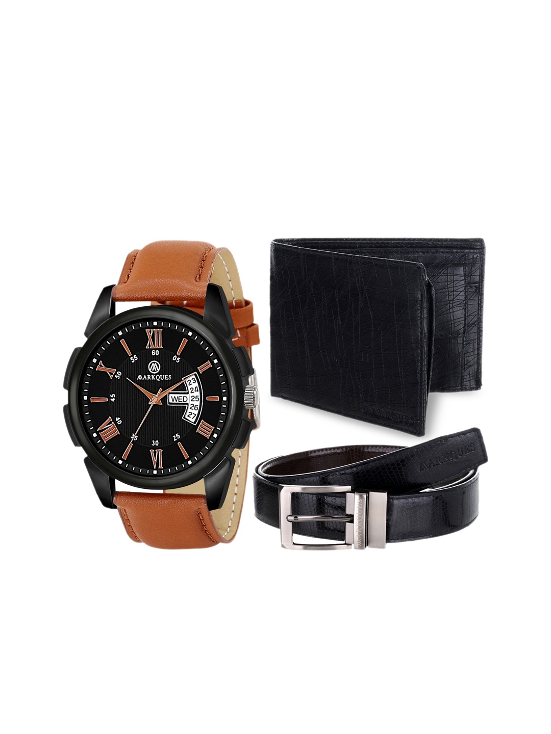 

MARKQUES Men Solid Leather Accessory Gift Set, Black