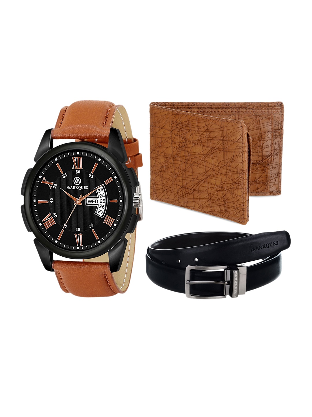 

MARKQUES Men Solid Leather Accessory Gift Set, Black