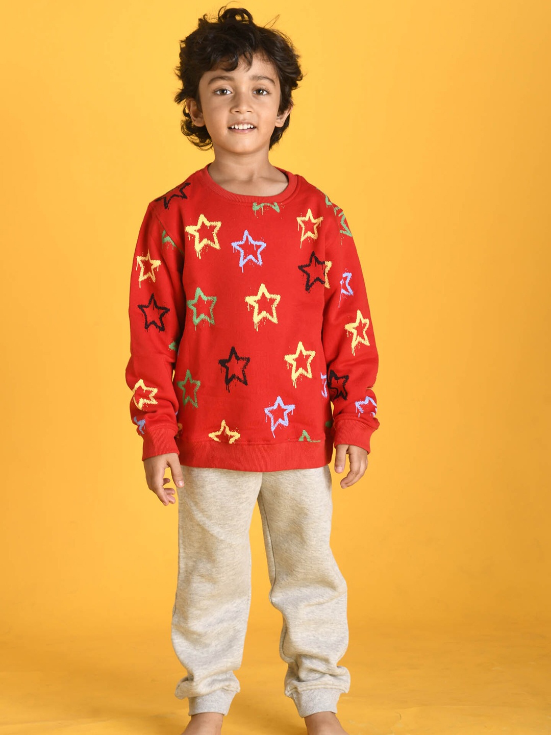 

Anthrilo Boys Red & Grey Star Printed Fleece Sweatshirt & Joggers