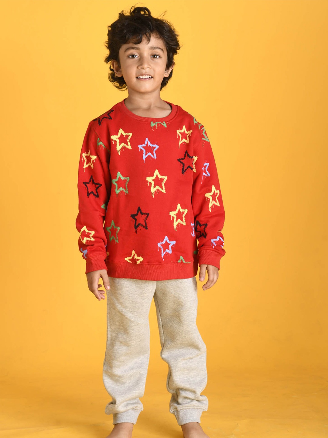 

Anthrilo Boys Star Printed Fleece Jogger Set, Red