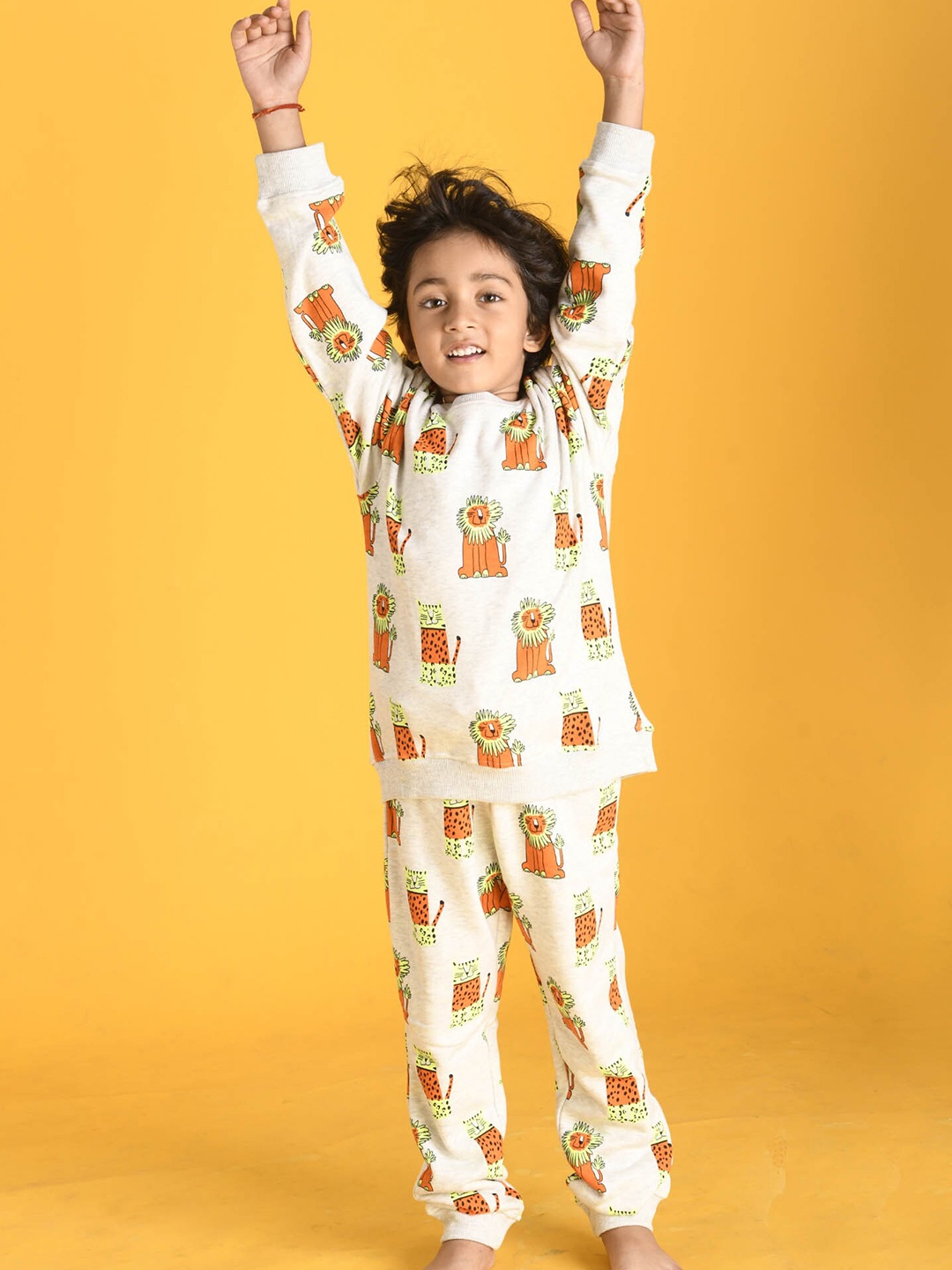 

Anthrilo Boys Grey Melange & Orange Wild Cats Printed Fleece Sweatshirt & Joggers