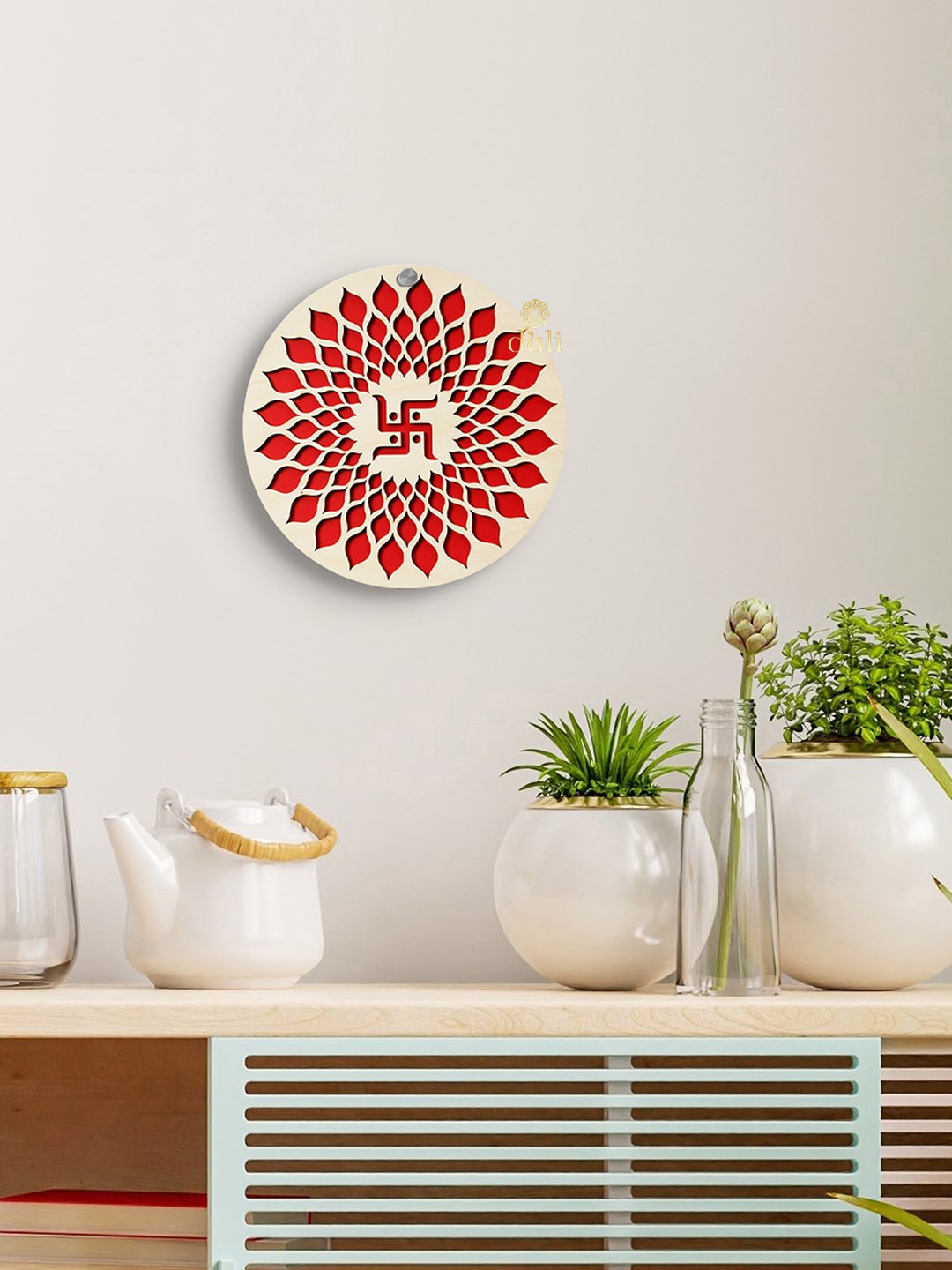 

DULI Swasthik Design MDF Wood Hanging Wall Decor, Red