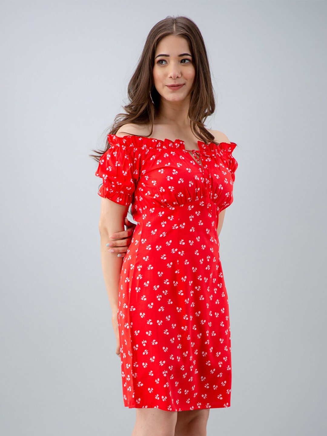 

PRETTY LOVING THING Women Floral Off-Shoulder Crepe Sheath Dress, Red