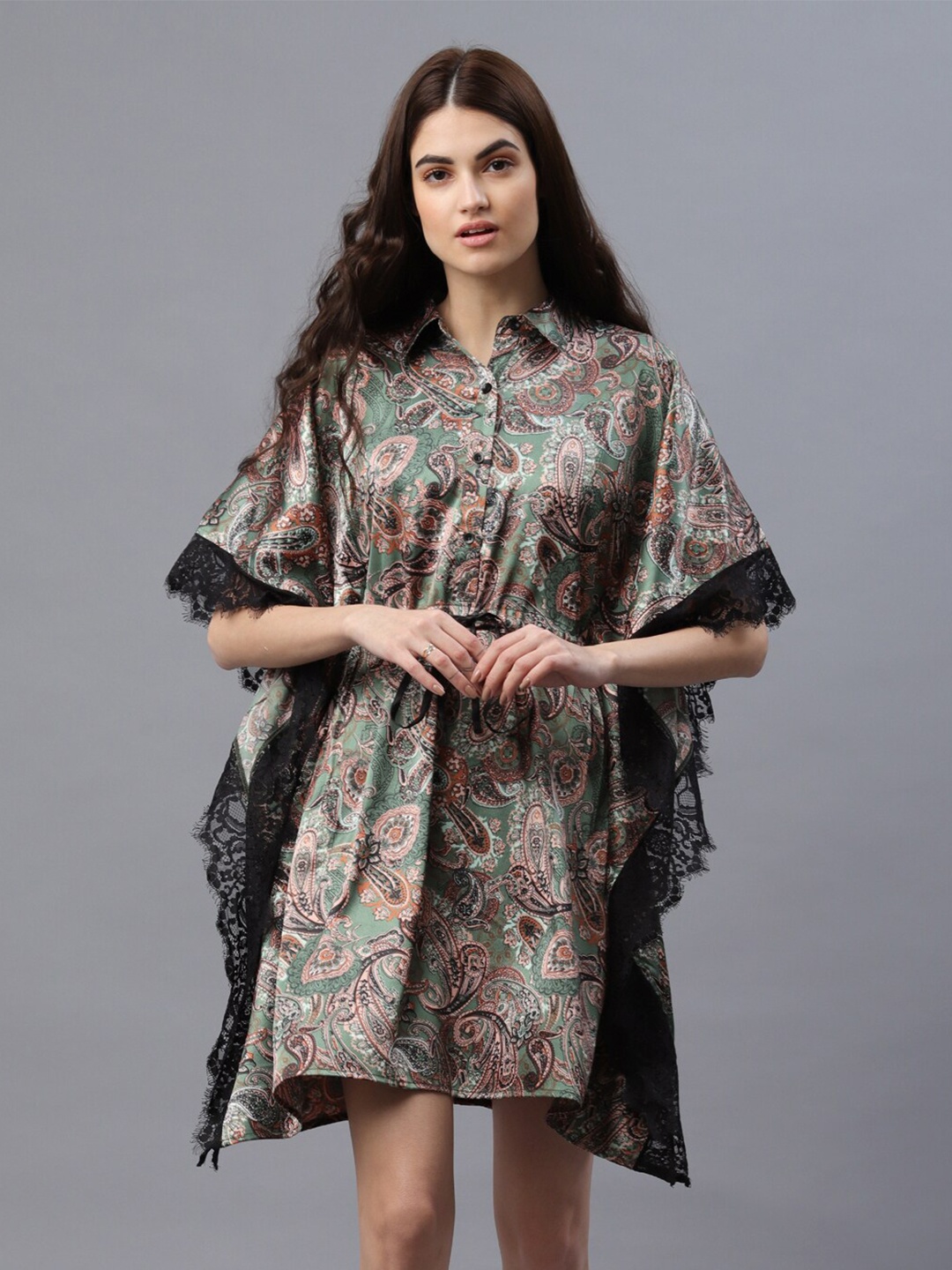 

PRETTY LOVING THING Women Ethnic Motifs Satin Kaftan Dress, Green