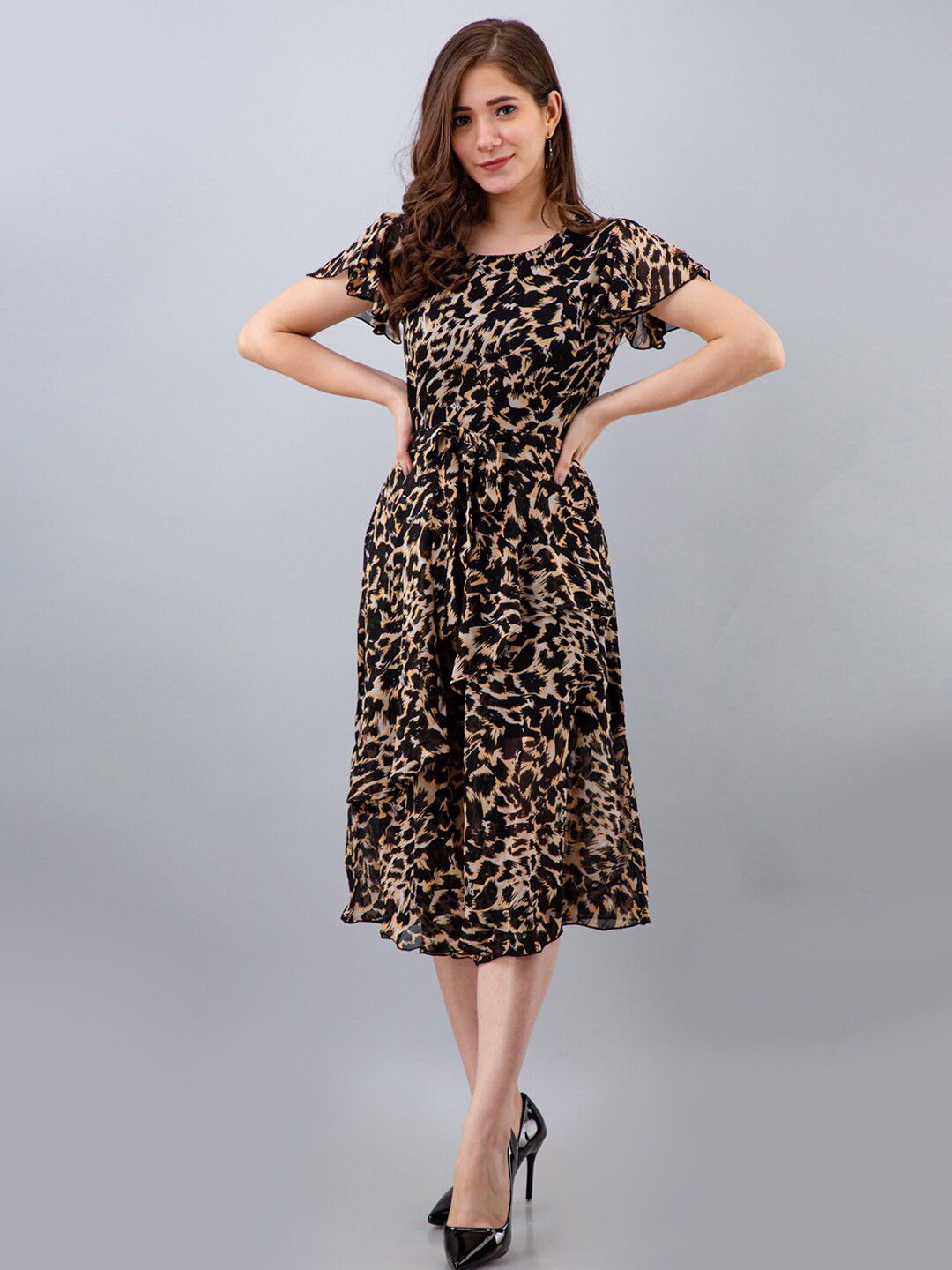 

PRETTY LOVING THING Women Animal Printed Chiffon Fit and Flare Midi Dress, Black