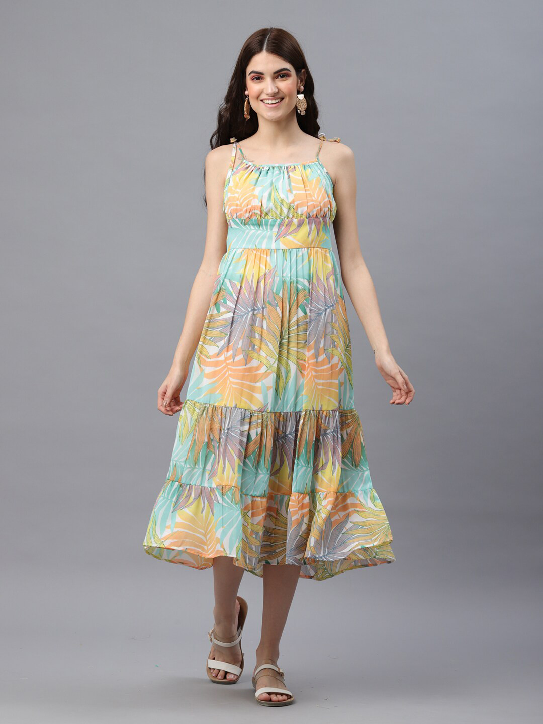 

PRETTY LOVING THING Women Tropical Printed Chiffon A-Line Midi Dress, Blue