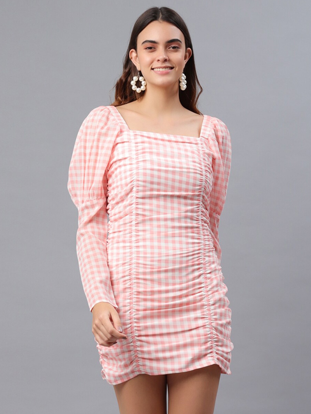 

PRETTY LOVING THING Pink Checked Chiffon Bodycon Dress