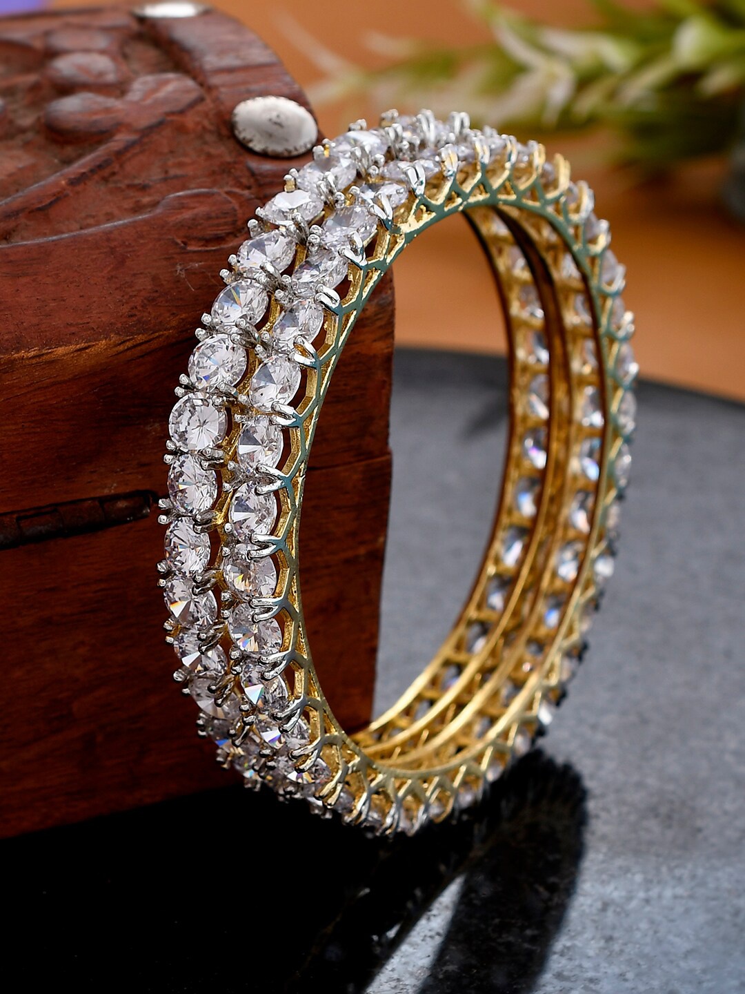 

Silvermerc Designs Set of 2 Gold-Plated Gold-Toned AD-studded Designer Bangle