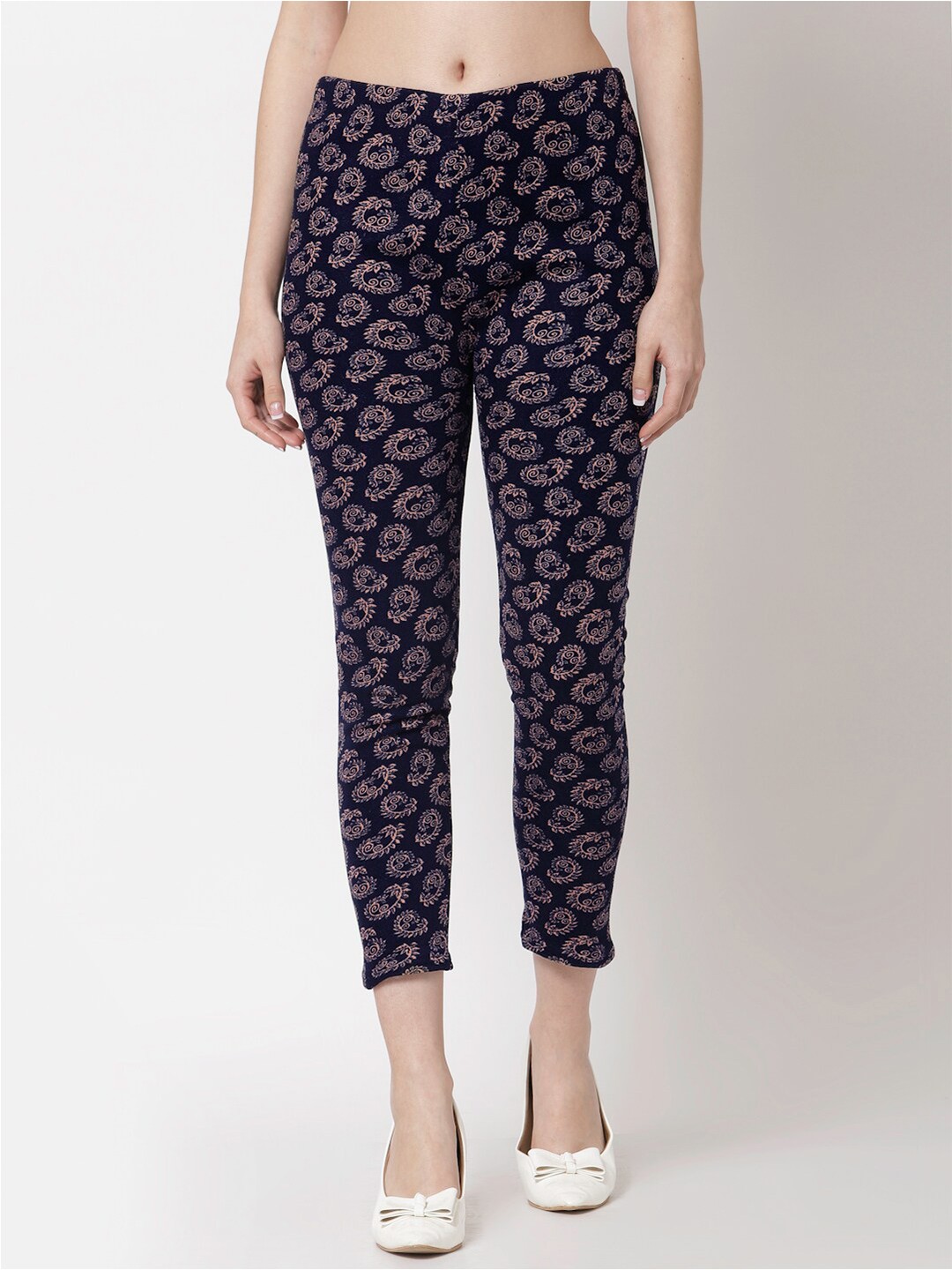 

KLOTTHE Women Printed Skinny-Fit Woolen Jeggings, Navy blue