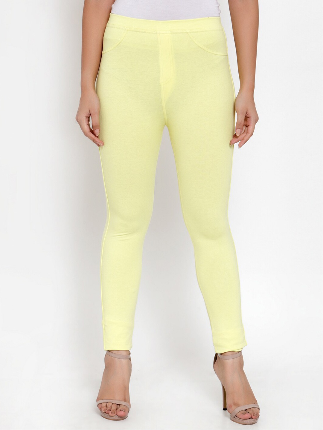 

KLOTTHE Women Solid Cotton Skinny-Fit Jeggings, Yellow