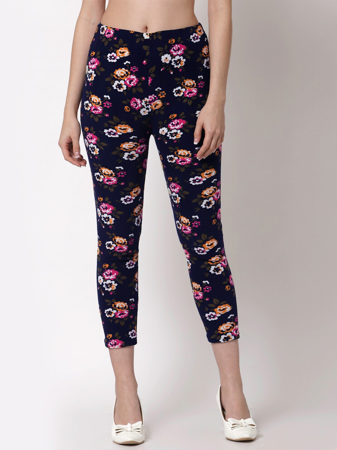 

KLOTTHE Women Floral Printed Skinny-Fit Woolen Jeggings, Navy blue