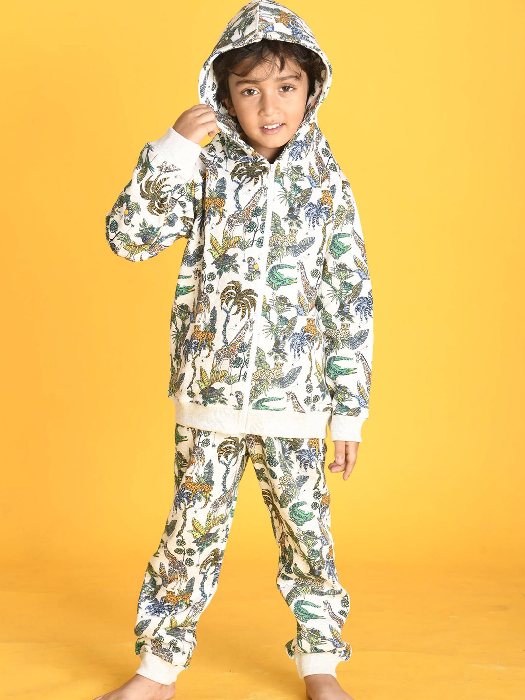 

Anthrilo Boys White & Green Jungle Fleece Hoodie & Joggers Set