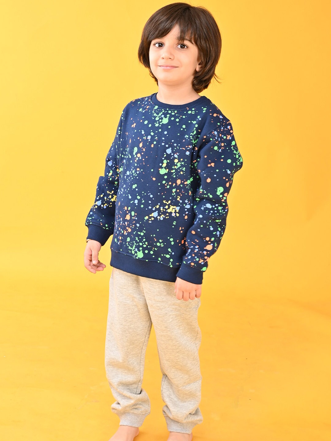 

Anthrilo Boys Paint Splat Printed Fleece Jogger Set, Navy blue