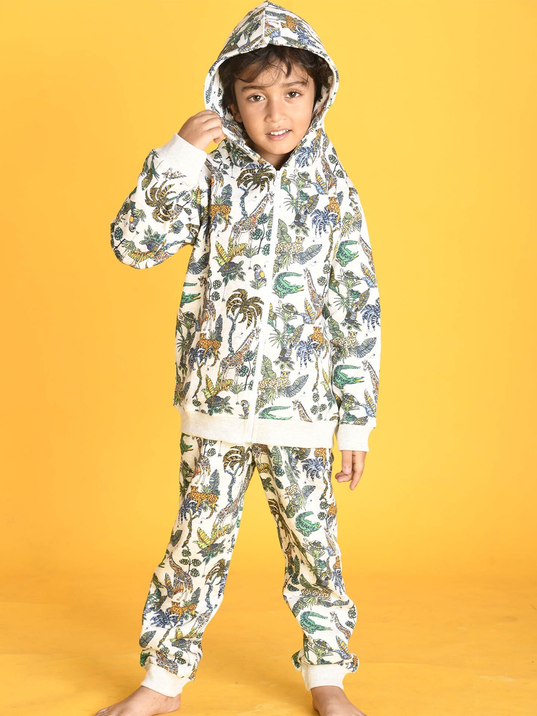 

Anthrilo Boys Grey Jungle Fleece Hoodie with Jogger Set, White