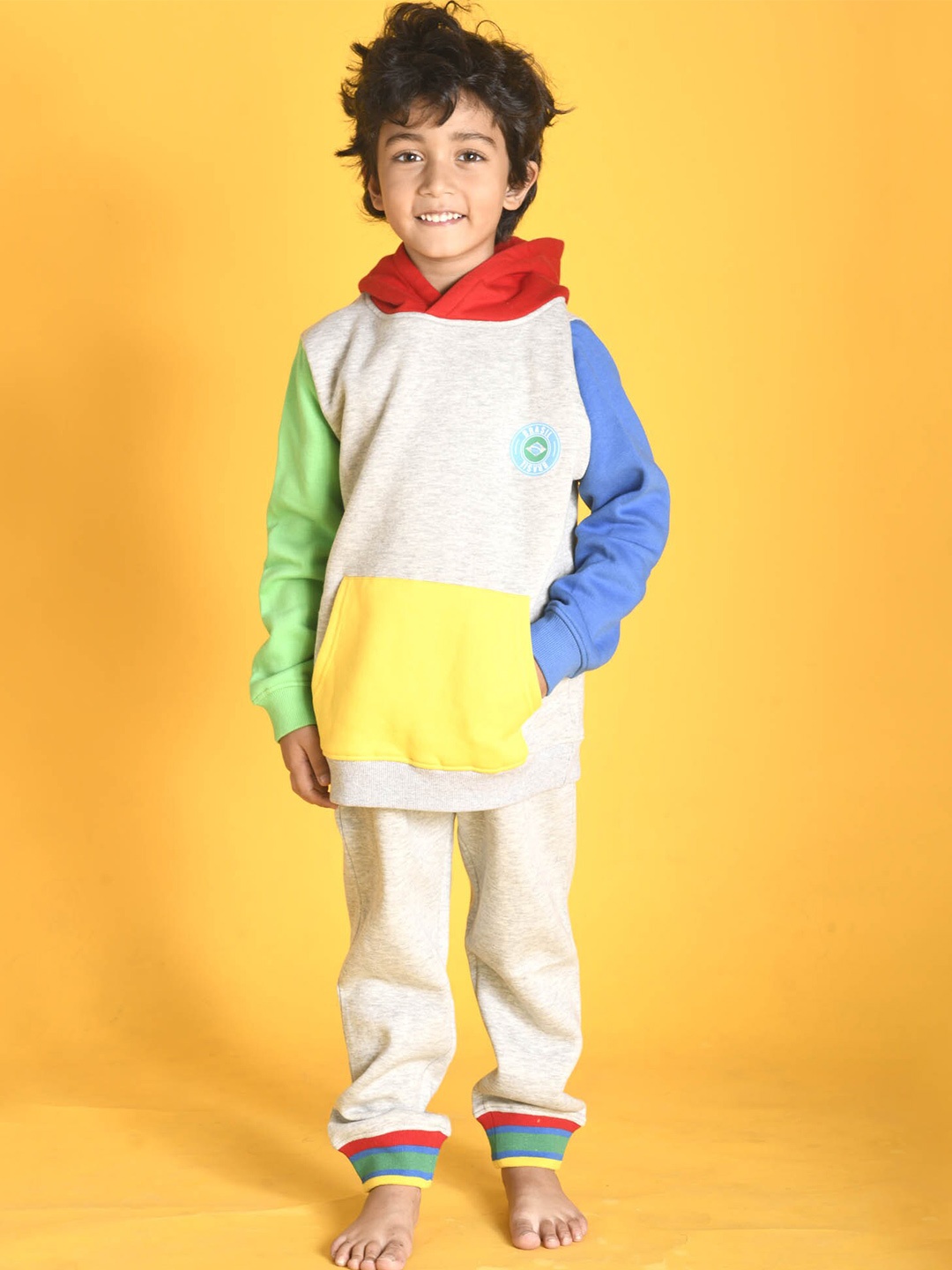 

Anthrilo Boys Grey Melange & Blue Colourblocked Brazil Fleece Hoodie With Joggers