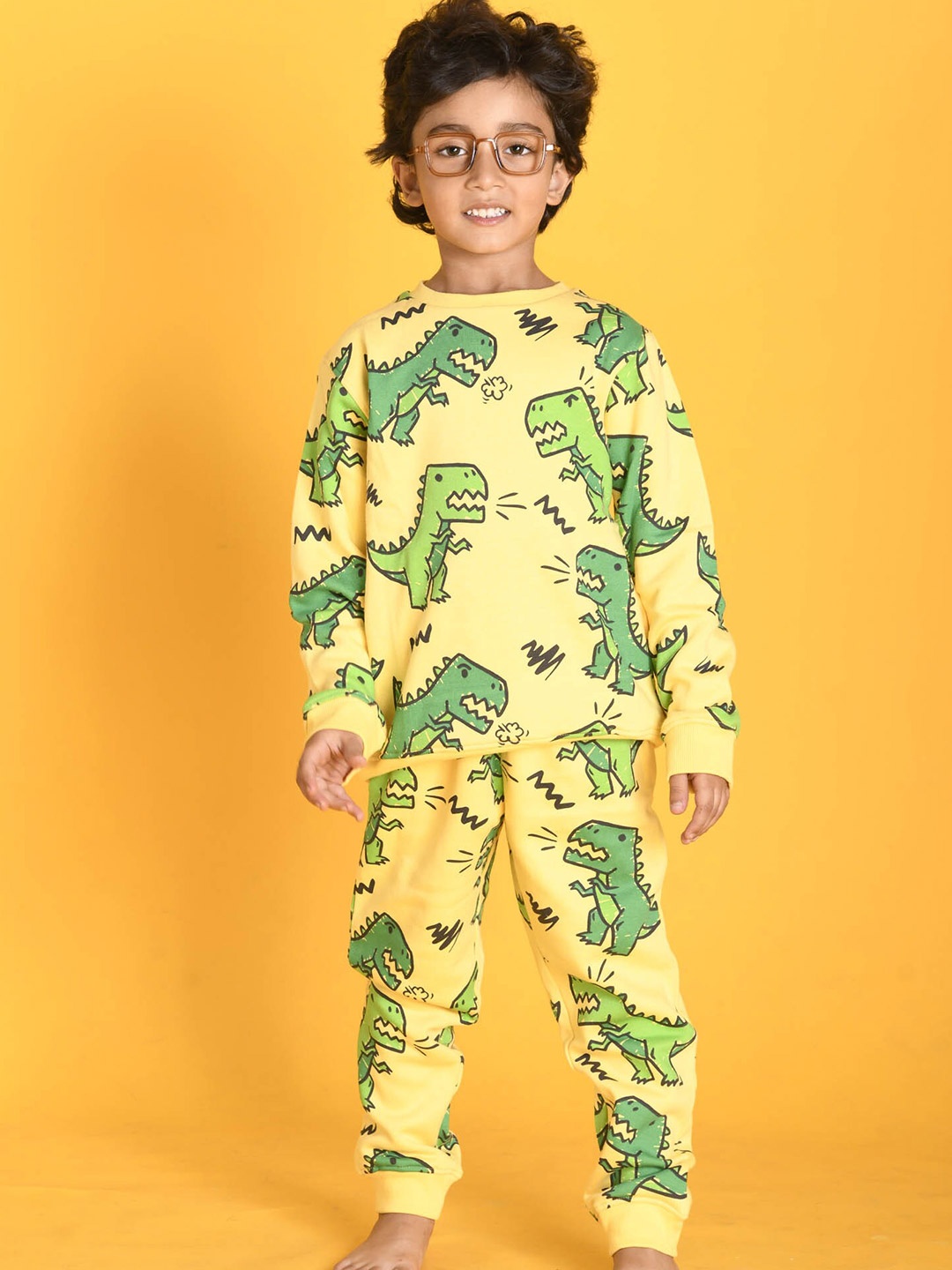 

Anthrilo Boys Yellow Dinosaur Fleece Sweatshirt Jogger Set