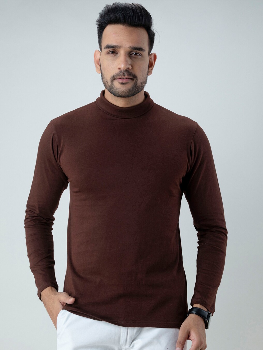 

FERANOID Men Brown High Neck Bio Finish T-shirt