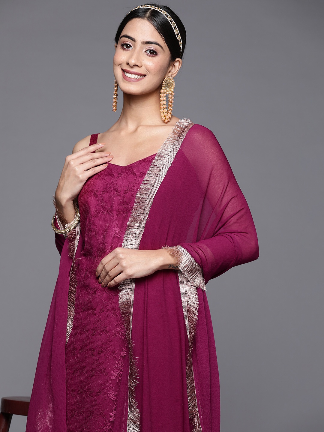 

Varanga Women Magenta Floral Lace Straight Kurta with Trousers & With Dupatta