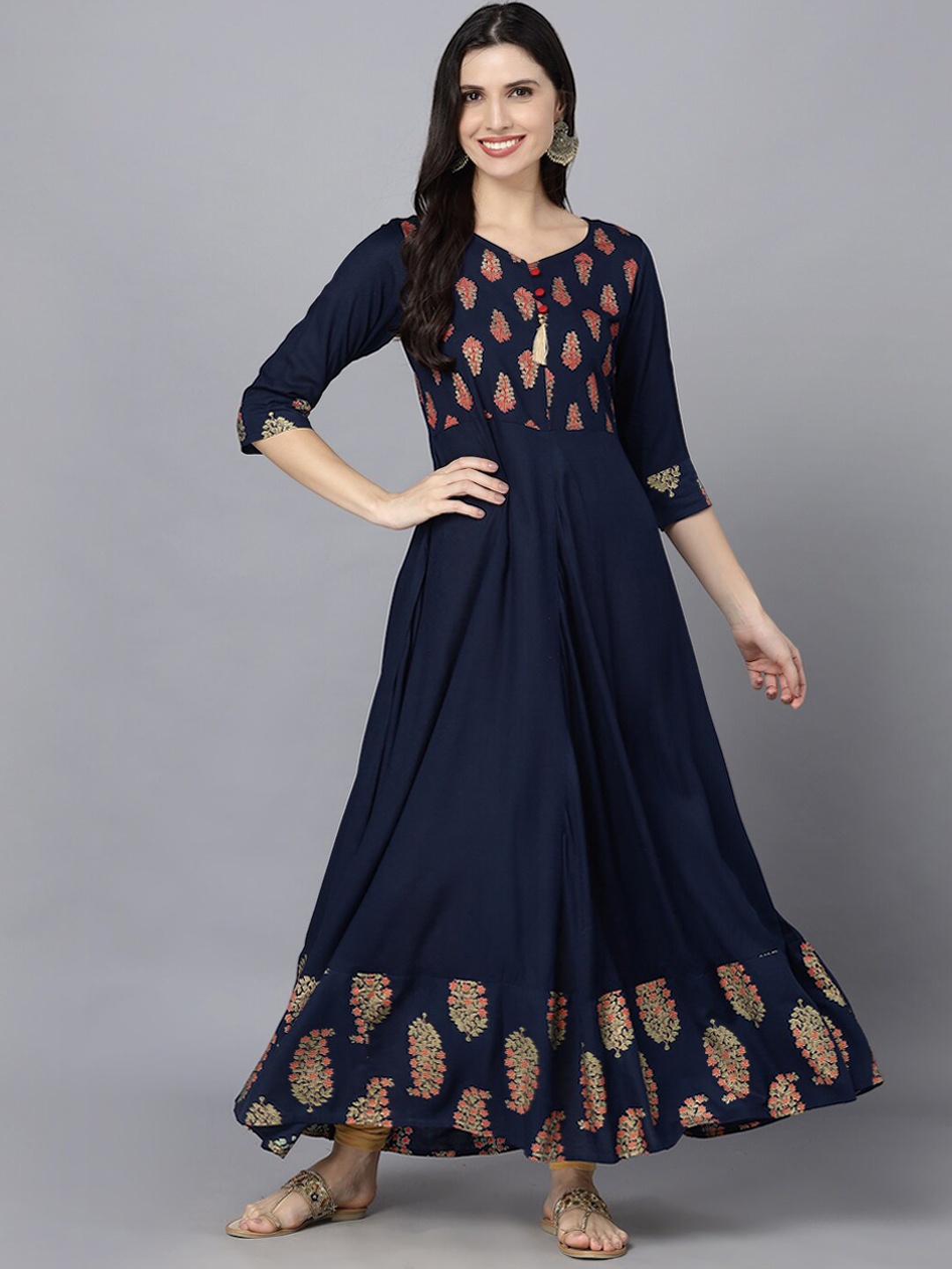 

HERE&NOW Women Printed Fit & Flare Ethnic Dress, Navy blue