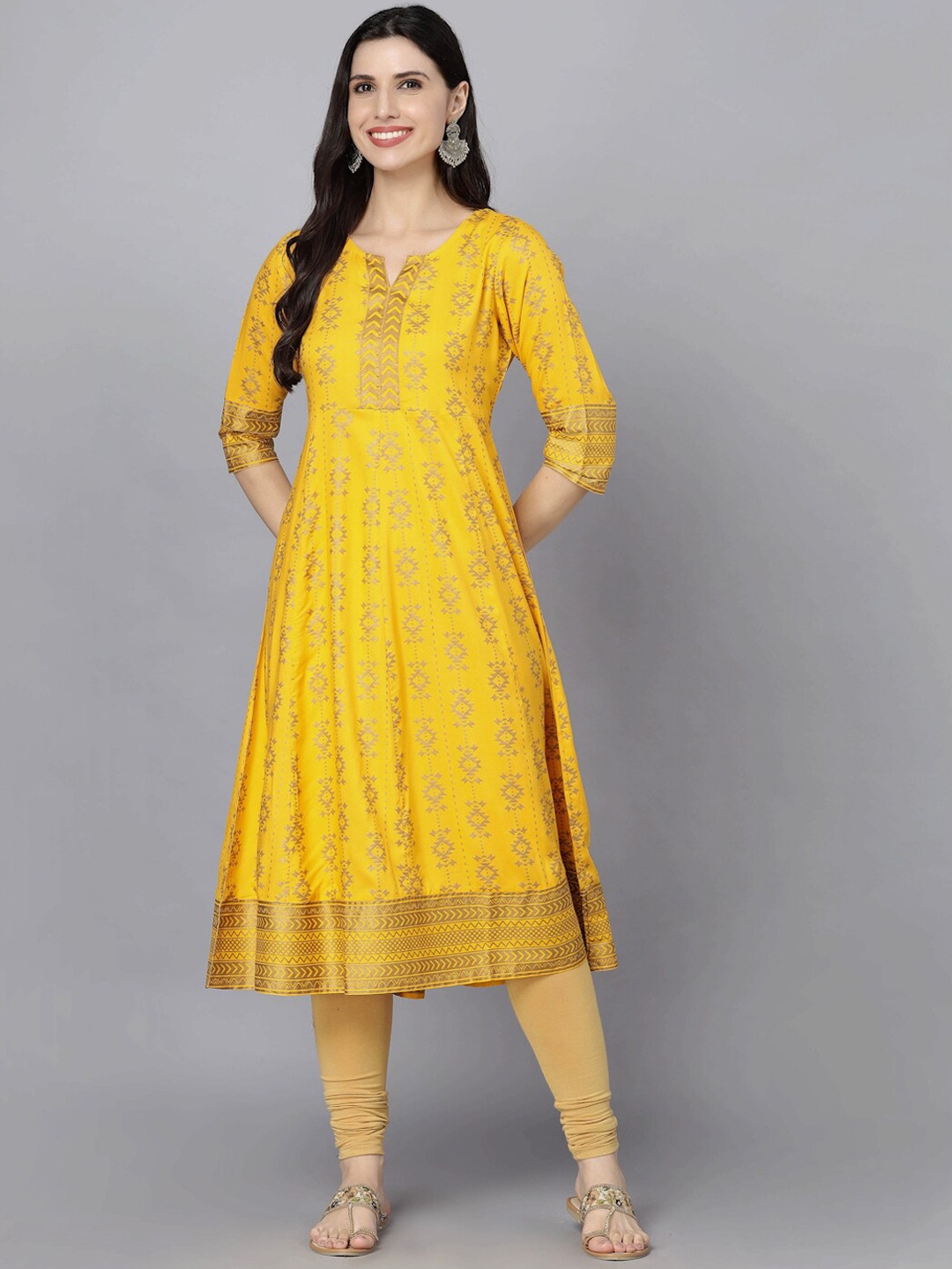 

HERE&NOW Women Ethnic Motifs Printed Floral Anarkali Kurta, Yellow