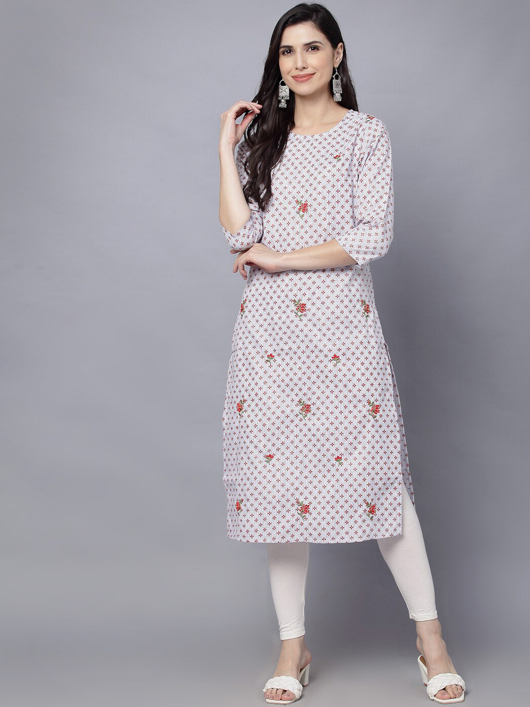 

HERE&NOW Women Geometric Checked Patchwork Kurta, Grey