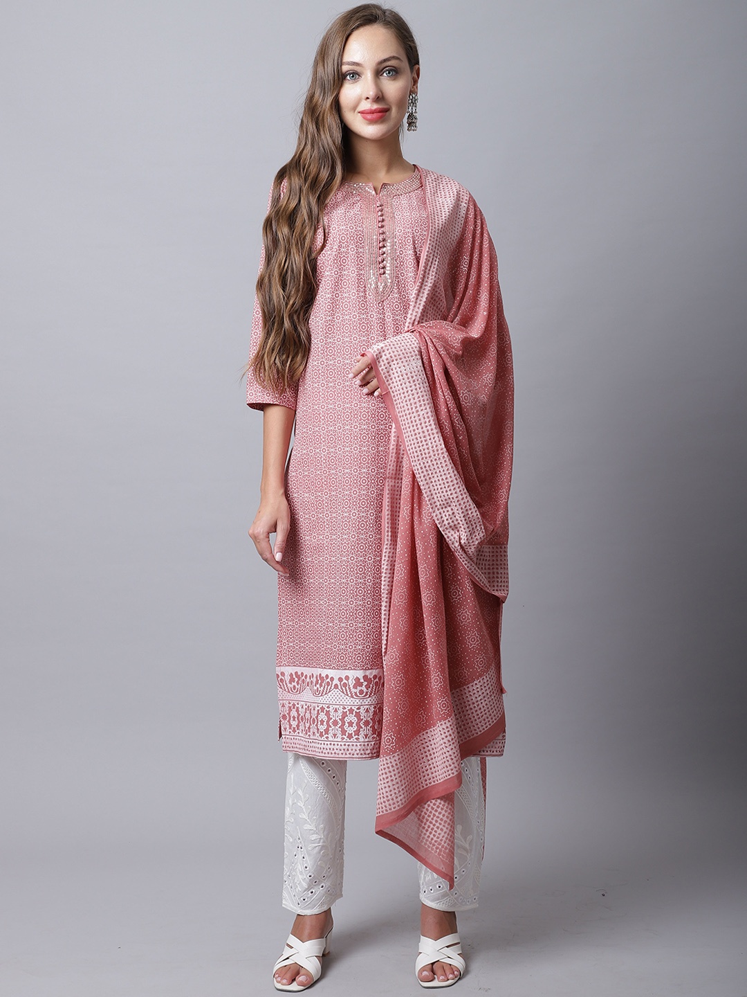 

Rajnandini Women Printed Pure Cotton Kurta with Trousers & With Dupatta, Peach