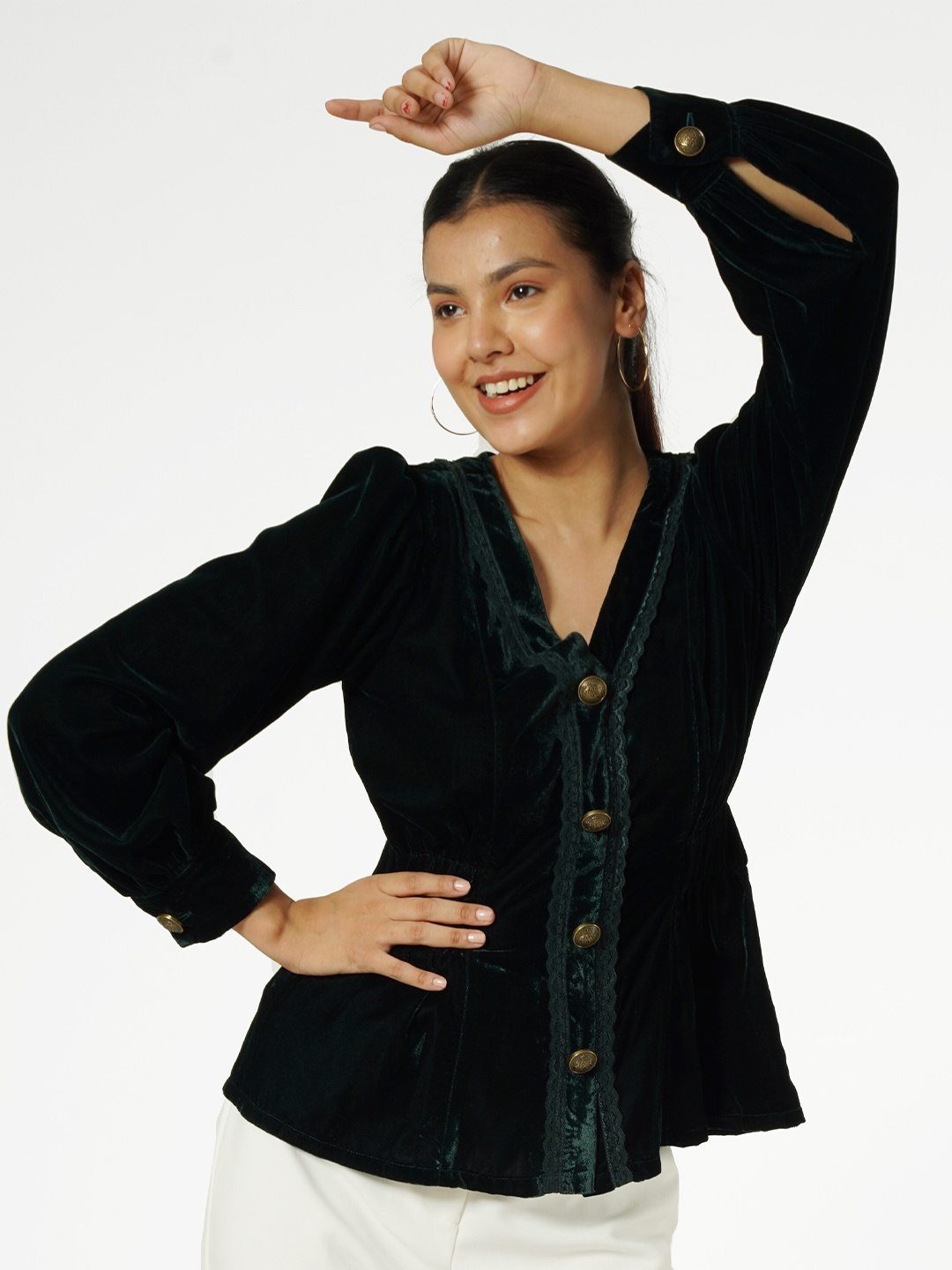 

Taurus Women Green Solid Velvet Peplum Top