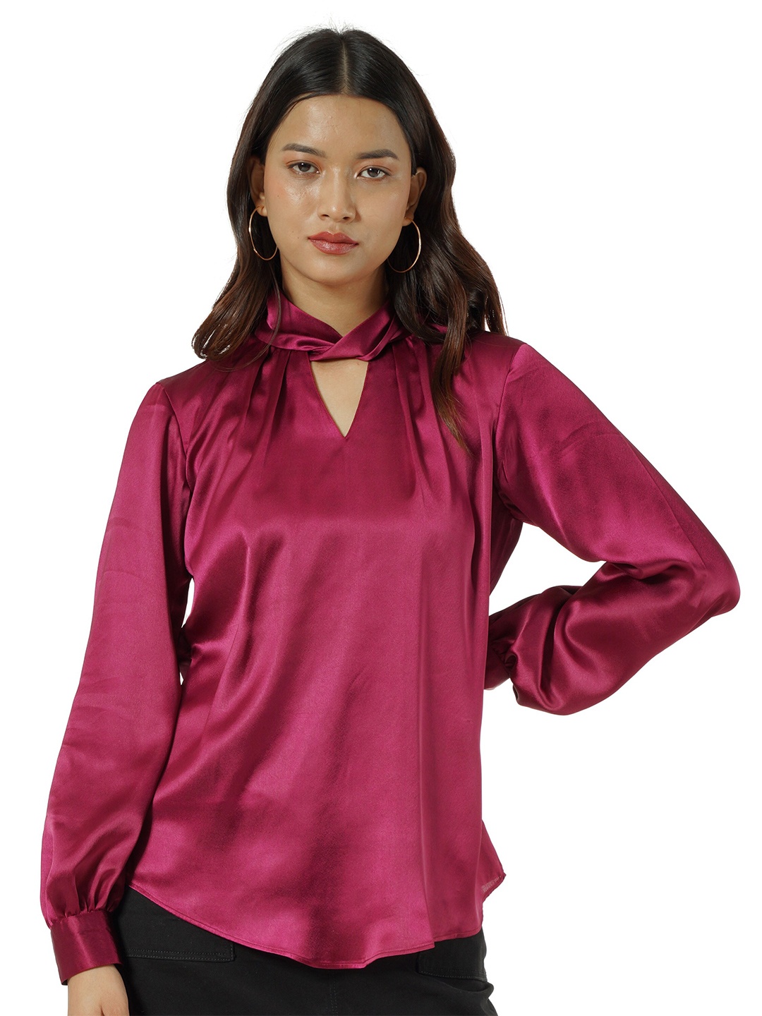 

Taurus Women Maroon Keyhole Neck Satin Top