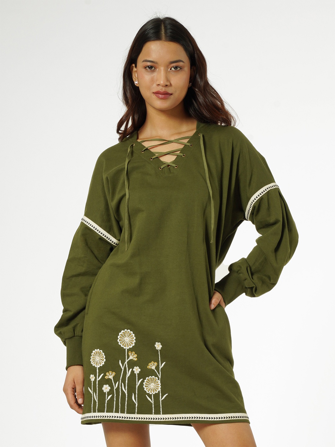 

Taurus Women Floral Embroidered Long Sleeves Tie Up Neck Mini Dress, Olive
