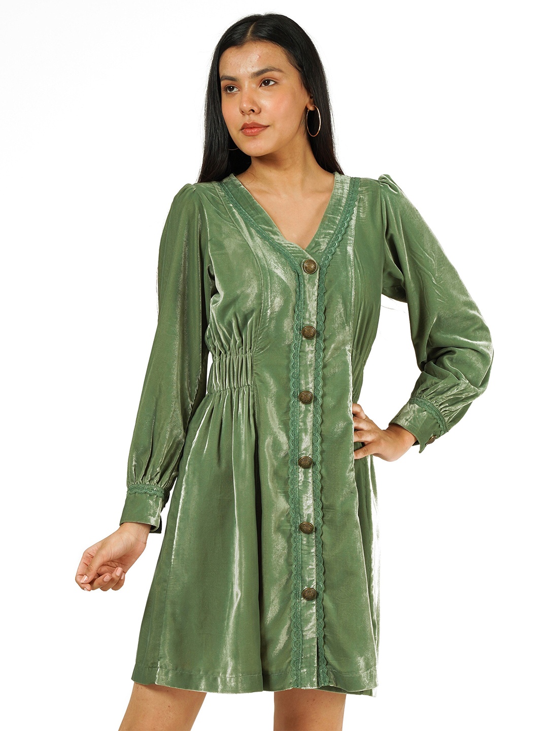 

Taurus Women Solid Velvet Long Sleeves A Line Mini Dress, Green