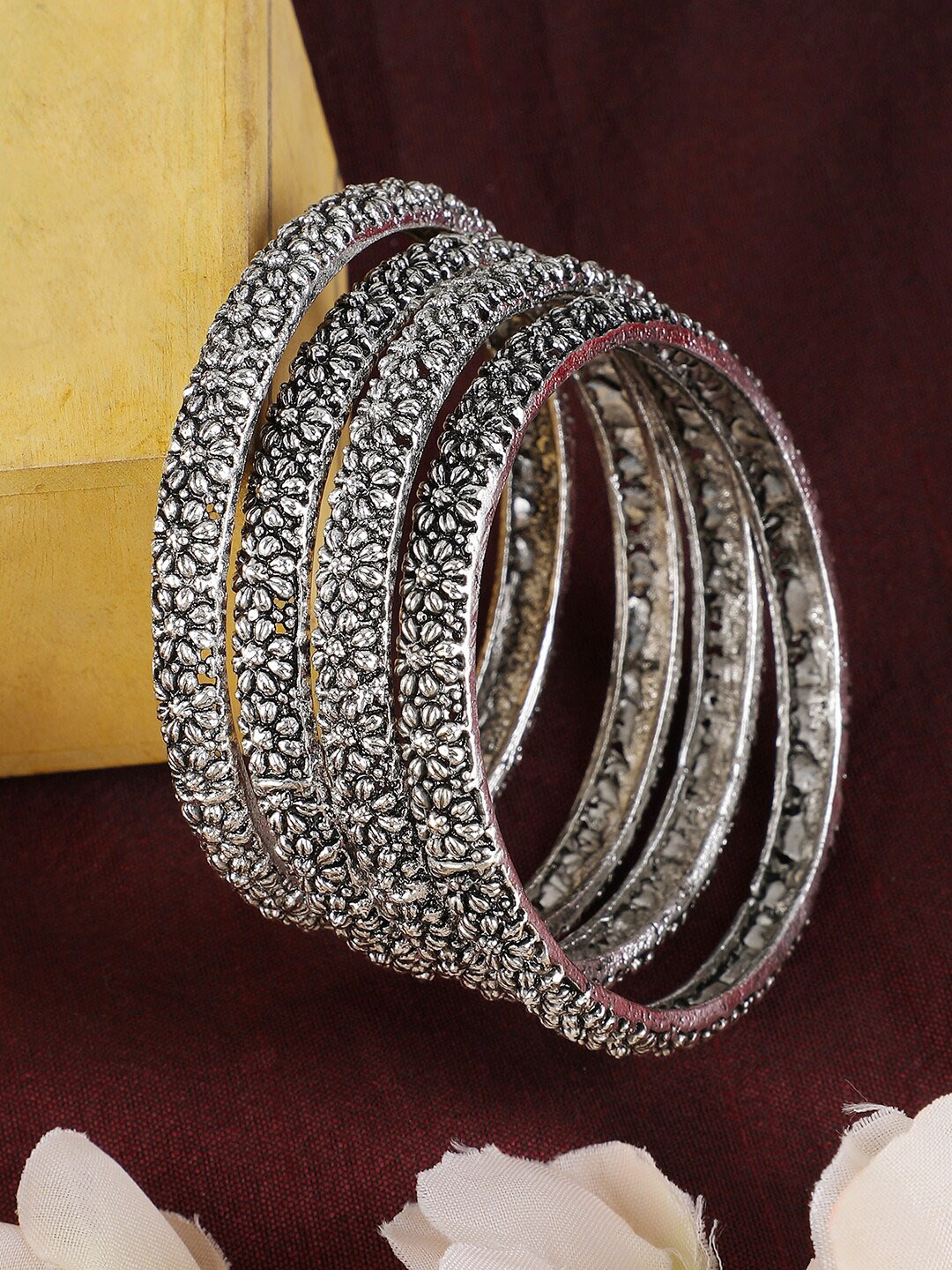 

ANIKAS CREATION Set Of 4 Oxidised Bangles, Silver