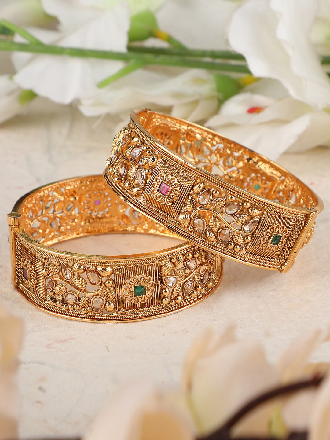 

ANIKAS CREATION Set Of 2 Gold Plated Stone-Studded Bangles