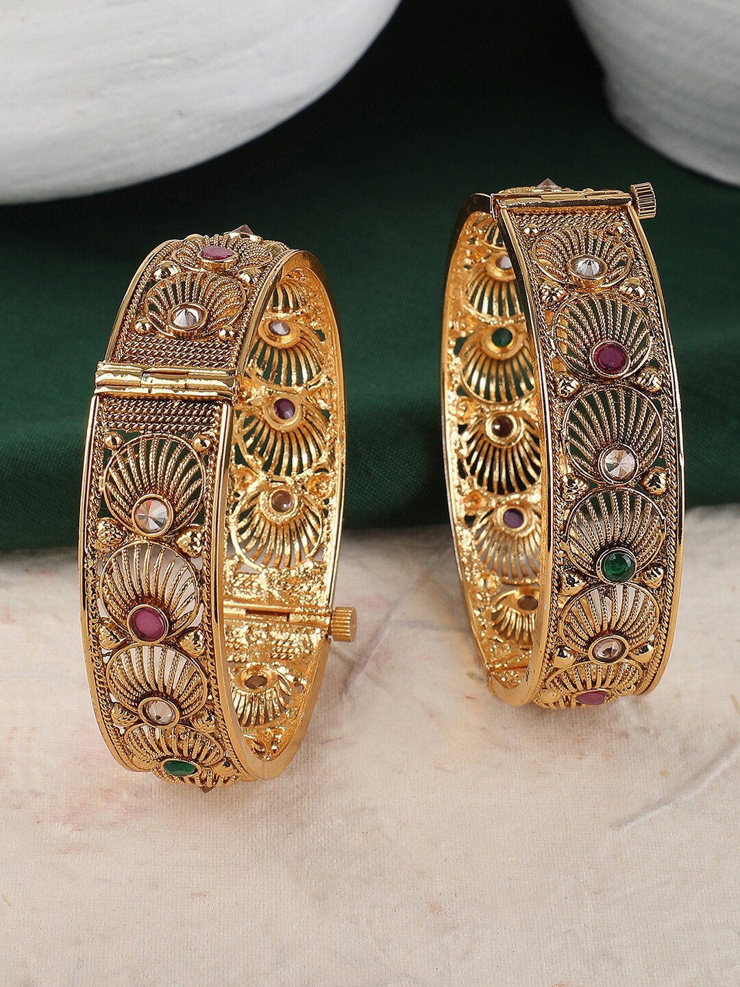 

ANIKAS CREATION Set of 2 24K Gold Plated Ruby Stone-Studded Filigree Bangles