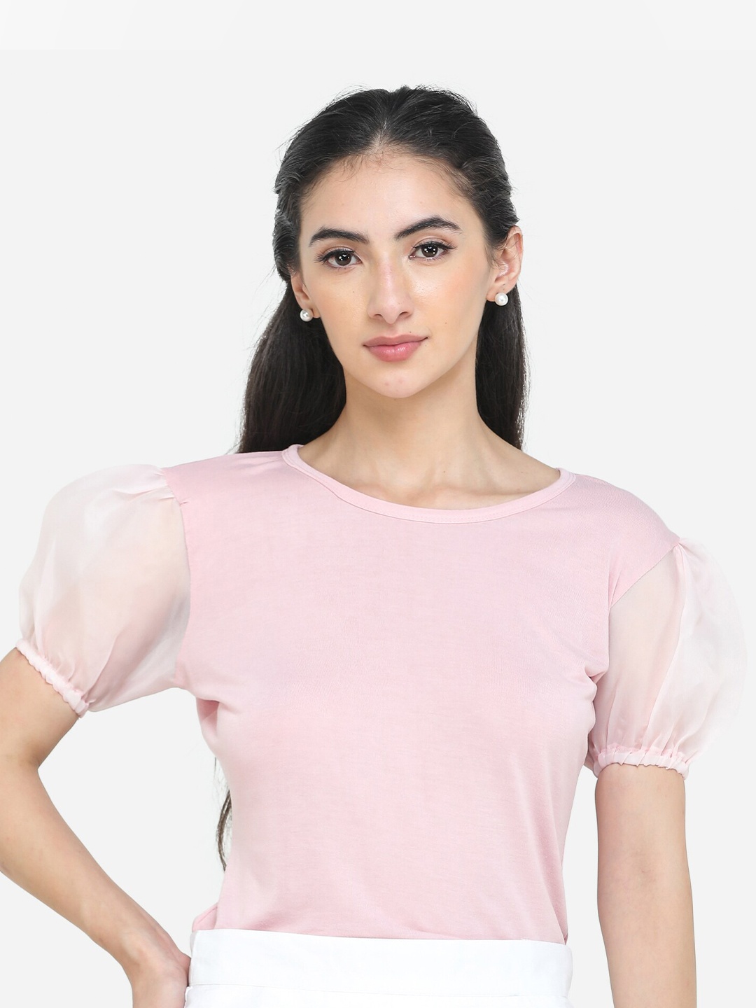 

DECHEN Women Pink Puff Sleeves Slim Fit T-shirt